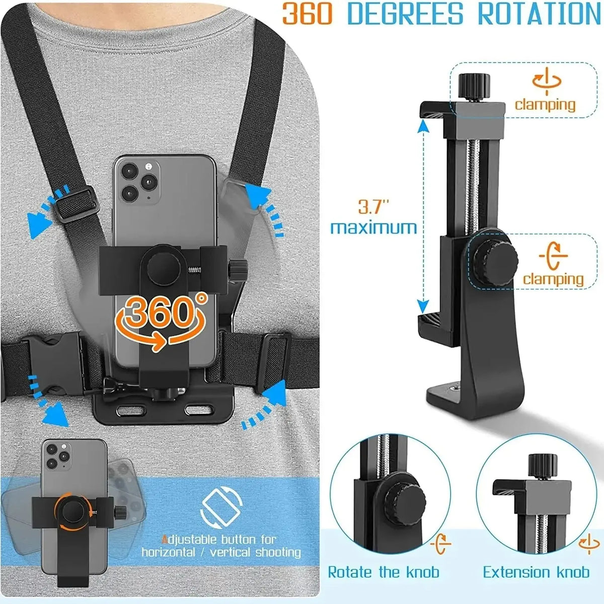 Adjustable Phone Clip Holder With Chest Strap Fixation Bracket for Sport Camera Mobile Phone Camera Black Holder Accessory Cloud Core