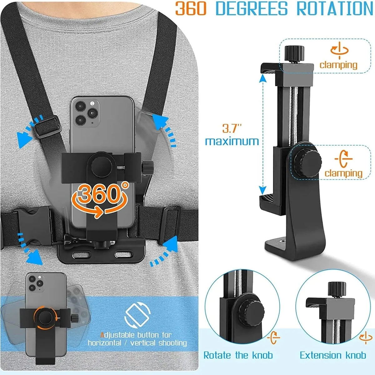 Adjustable Phone Clip Holder With Chest Strap Fixation Bracket for Sport Camera Mobile Phone Camera Black Holder Accessory