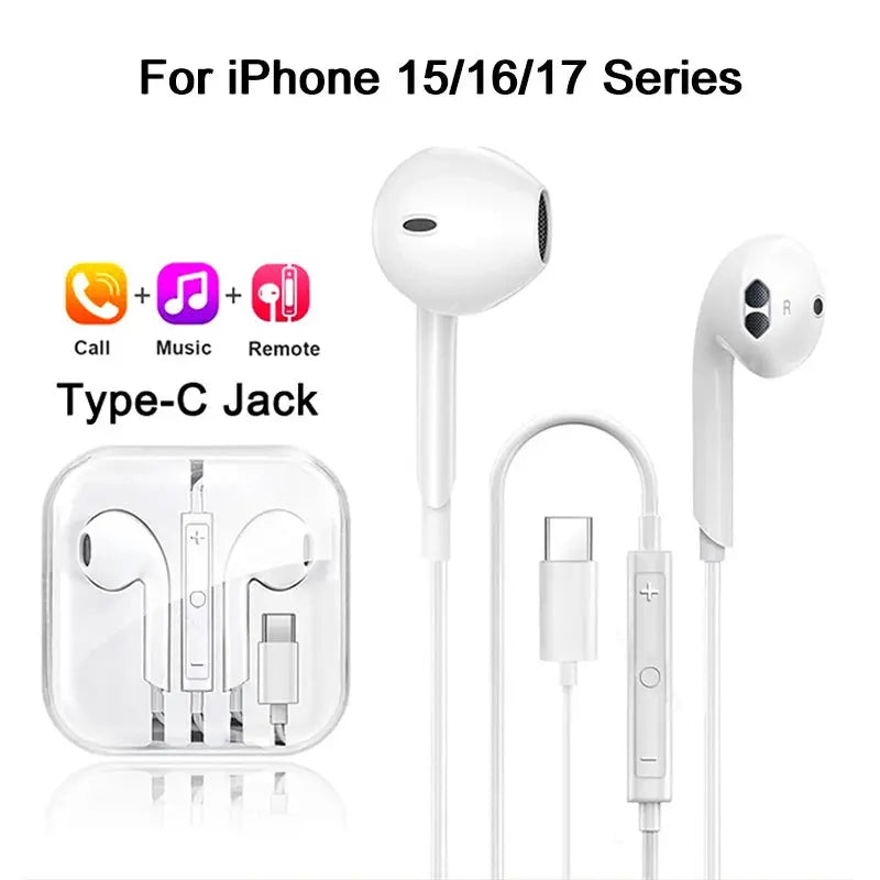 TypeC Earphones For iPhone 17 Air 16 15 14 13 12 11 Pro Max iPad Wired Earbuds 3.5mm Tablet Laptops Headphones Phone Accessories Cloud Core
